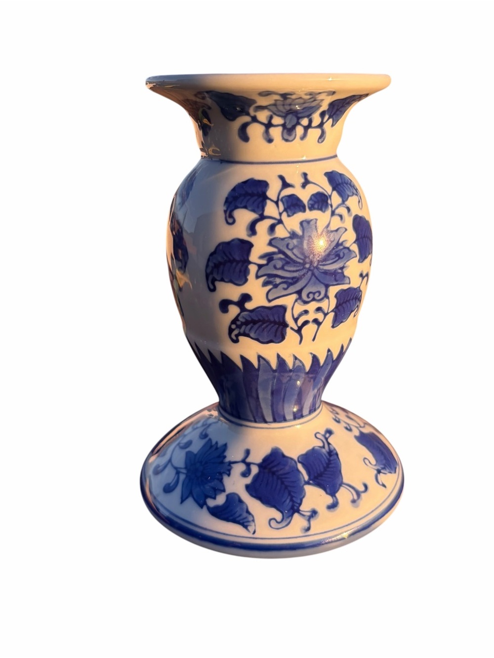 VINTAGE BLUE AND WHITE PORCELAIN PILLAR CANDLE HOLDER | CHINOISERIE FLORAL DESIG - Picture 8 of 9